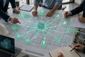 Modern commercial buildings highlighting the importance of digital infrastructure planning for smart building projects.